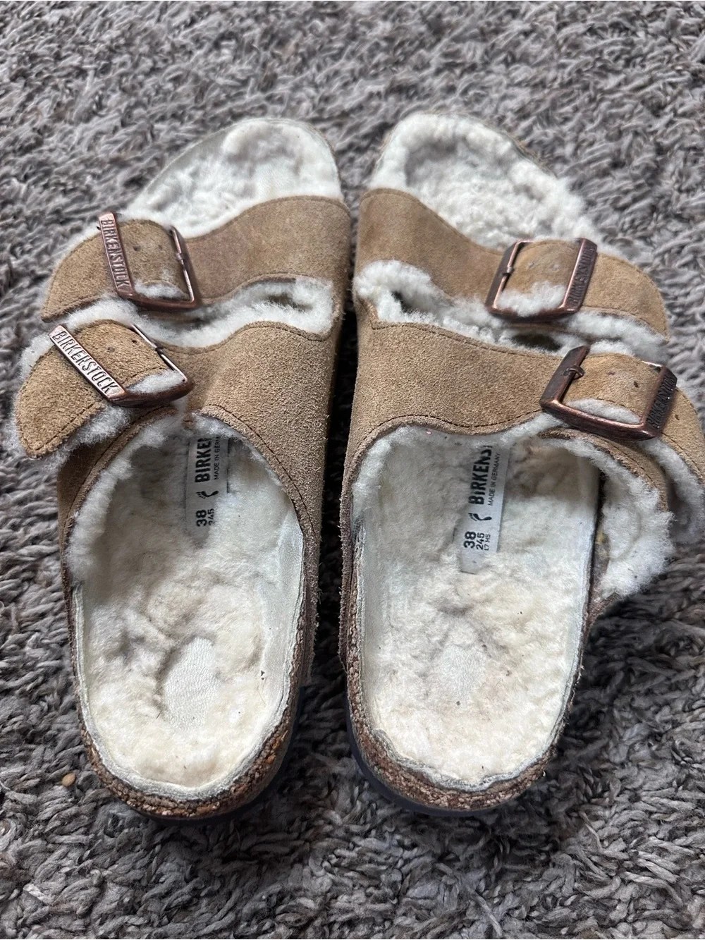 Birkenstock Shearling Suede Sandals in Taupe and Cream Size 7